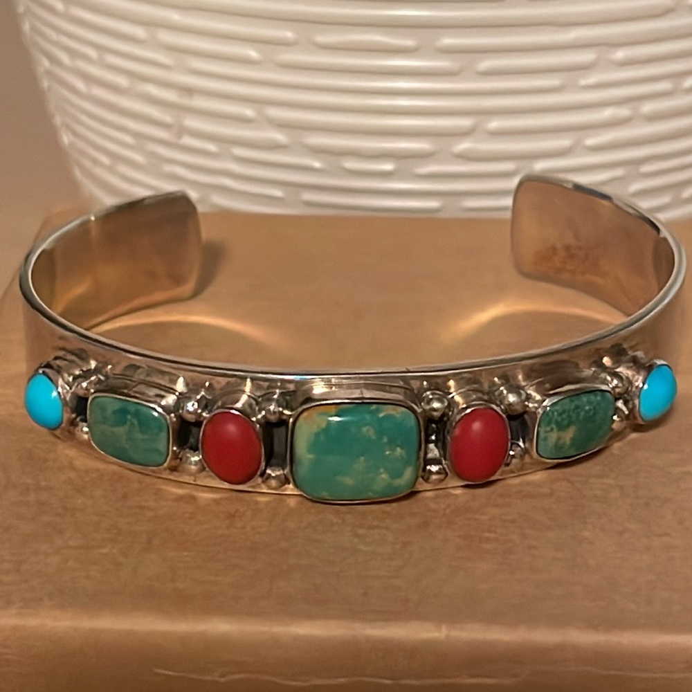 Ray Bennett Native American Turquoise Multi Stone Cuff Sterling Unisex 38g